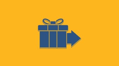 Blue Gift box icon isolated on orange background. 4K Video motion graphic animation.