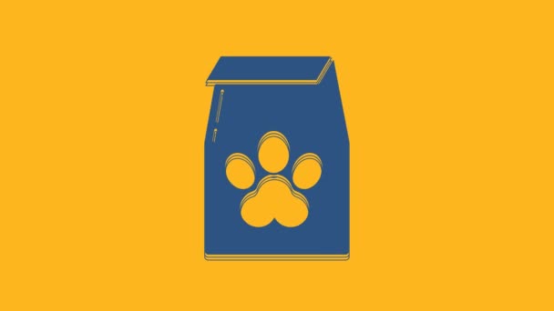 オレンジの背景に隔離されたペットのアイコンのための食品のブルーバッグ 動物のための食品 ペットフードのパッケージ 犬や猫の足のプリント 4Kビデオモーショングラフィックアニメーション — ストック動画