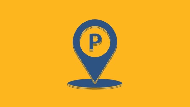 Синє Місце Розташування Іконою Паркування Ізольованим Помаранчевому Тлі Вуличний Знак — стокове відео