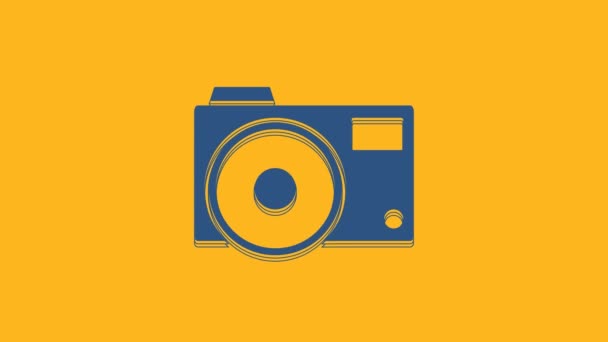 Icono Cámara Fotográfica Azul Aislado Sobre Fondo Naranja Icono Cámara — Vídeo de stock