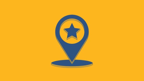 蓝色地图指针 星形图标孤立在橙色背景上 明星最喜欢的别针地图图标 地图标记 4K视频运动图形动画 — 图库视频影像
