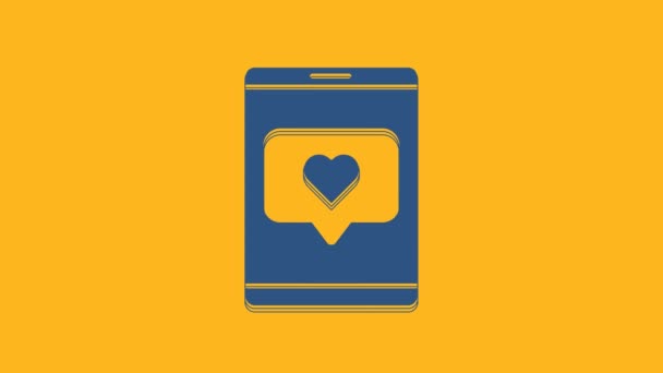 Blå Mobiltelefon Som Med Hjertesikon Isolert Oransje Bakgrunn Kontrutekunnskap Icon – stockvideo