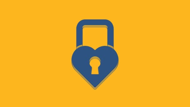 オレンジ色の背景に隔離されたハートアイコンの形をした青の城 心をロックした 愛のシンボルと鍵穴の標識 バレンタインデー 4Kビデオモーショングラフィックアニメーション — ストック動画