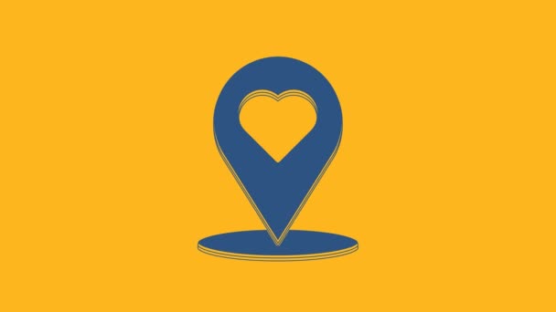 Blue Map Pointer Heart Icon Isolated Orange Background Valentines Day — Stok Video