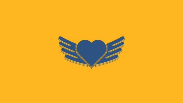 蓝心与翅膀图标孤立在橙色背景 爱情的象征情人节 4K视频运动图形动画 — 图库视频影像