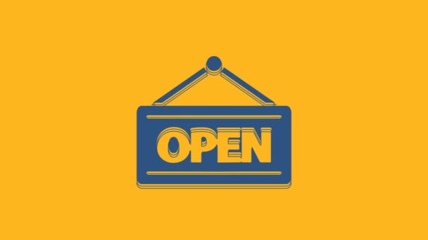 Blue Hanging Sign Text Open Door Icon Isolated Orange Background — Video Stock