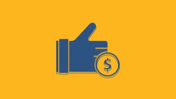 蓝色手拿着用橙色背景隔开的硬币图标 美元或美元符号 现金银行货币标志 4K视频运动图形动画 — 图库视频影像