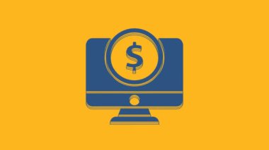 Turuncu arkaplanda dolar sembolü olan mavi bilgisayar monitörü. İnternetten alışveriş konsepti. İnternetten kazanç, pazarlama. 4K Video hareketli grafik canlandırması.