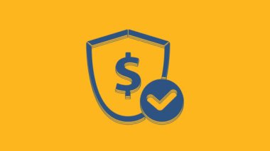 Blue Shield with dollar symbol icon isolated on orange background. Security shield protection. Money security concept. 4K Video motion graphic animation.