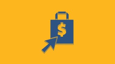 Mavi Shoping çanta ve dolar simgesi turuncu arka planda izole edildi. El çantası işareti. Kadın çanta ikonu. Kadın el çantası işareti. 4K Video hareketli grafik canlandırması.