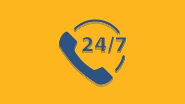 Mavi Telefon 24 saat boyunca turuncu arka planda izole edilmiş bir ikon. Tüm gün müşteri destek merkezi. Tam zamanlı çağrı servisi. 4K Video hareketli grafik canlandırması.