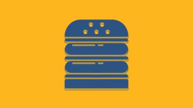 Blue Burger icon isolated on orange background. Hamburger icon. Cheeseburger sandwich sign. Fast food menu. 4K Video motion graphic animation.