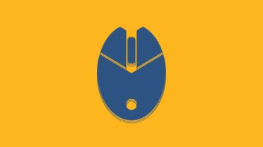 Mavi Bilgisayar faresi oyun simgesi turuncu arkaplanda izole edildi. Tekerlek sembollü optik. 4K Video hareketli grafik canlandırması.