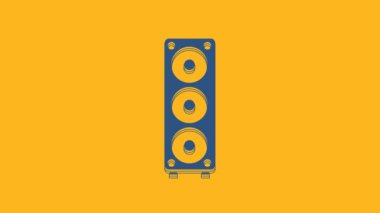 Blue Stereo speaker icon isolated on orange background. Sound system speakers. Music icon. Musical column speaker bass equipment. 4K Video motion graphic animation.
