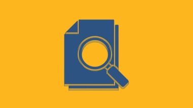 Turuncu arkaplanda arama simgesine sahip Mavi Belge. Dosya ve büyüteç simgesi. Analitik araştırma işareti. 4K Video hareketli grafik canlandırması.