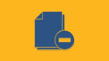 Turuncu arkaplanda eksi simgeye sahip mavi belge. Belgeyi temizle. Dosya belgesini sil. Bilgi dosyasını sil. 4K Video hareketli grafik canlandırması.
