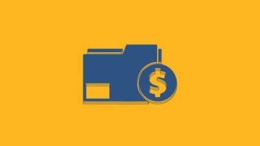Mavi Finans belgesi dosya simgesi turuncu arkaplanda izole edildi. Fatura ya da fatura konsepti için dolar sikkesi olan kağıt banka belgesi. 4K Video hareketli grafik canlandırması.
