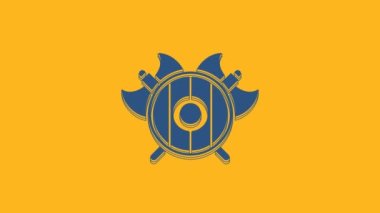 Mavi ortaçağ kalkanı, çapraz balta simgesi turuncu arka planda izole edilmiş. Savaş baltası, cellat baltası. 4K Video hareketli grafik canlandırması.