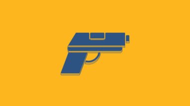 Blue Pistol or gun icon isolated on orange background. Police or military handgun. Small firearm. 4K Video motion graphic animation.