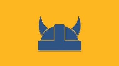 Blue Viking in horned helmet icon isolated on orange background. 4K Video motion graphic animation.