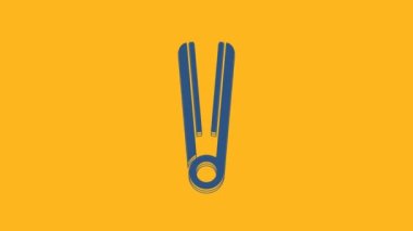 Blue Curling iron for hair icon isolated on orange background. Hair straightener icon. 4K Video motion graphic animation.