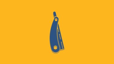 Blue Straight razor icon isolated on orange background. Barbershop symbol. 4K Video motion graphic animation.