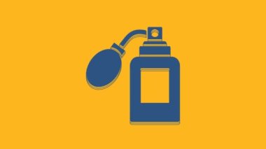 Blue Aftershave bottle with atomizer icon isolated on orange background. Cologne spray icon. Male perfume bottle. 4K Video motion graphic animation.