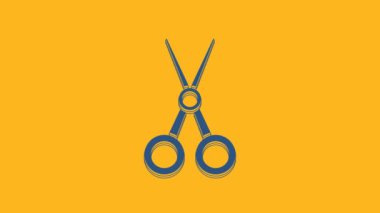Blue Scissors hairdresser icon isolated on orange background. Hairdresser, fashion salon and barber sign. Barbershop symbol. 4K Video motion graphic animation.