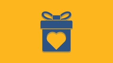 Turuncu arka planda kalp ikonu olan mavi hediye kutusu. Sevgililer Günü. 4K Video hareketli grafik canlandırması.