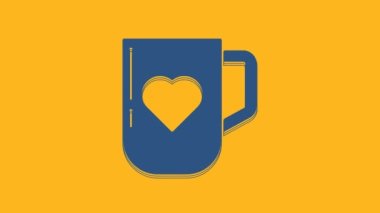 Mavi kahve fincanı ve kalp ikonu turuncu arka planda izole edilmiş. Sevgililer Günü 'nde sevgililer için birkaç kahve. 4K Video hareketli grafik canlandırması.