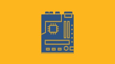 Mavi Elektronik bilgisayar bileşenleri anakart dijital çip entegre bilim ikonu turuncu arka planda izole. Devre kartı. 4K Video hareketli grafik canlandırması.