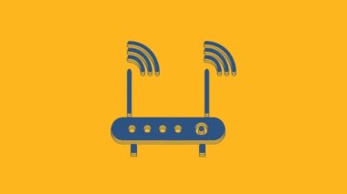 Mavi Yönlendirici ve Wi-Fi sinyal simgesi turuncu arka planda izole edilmiş. Kablosuz ethernet modem yönlendirici. Bilgisayar teknolojisi interneti. 4K Video hareketli grafik canlandırması.