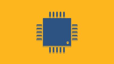Blue Computer processor with microcircuits CPU icon isolated on orange background. Chip or cpu with circuit board sign. Micro processor. 4K Video motion graphic animation.