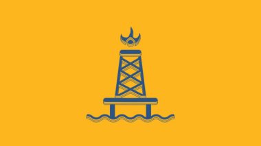 Blue Oil rig with fire icon isolated on orange background. Gas tower. Industrial object. 4K Video motion graphic animation.