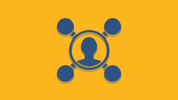 オレンジ色の背景に青い共有アイコンが表示されます コミュニケーションピクトグラム ソーシャルメディア ネットワーク 4Kビデオモーショングラフィックアニメーション — ストック動画