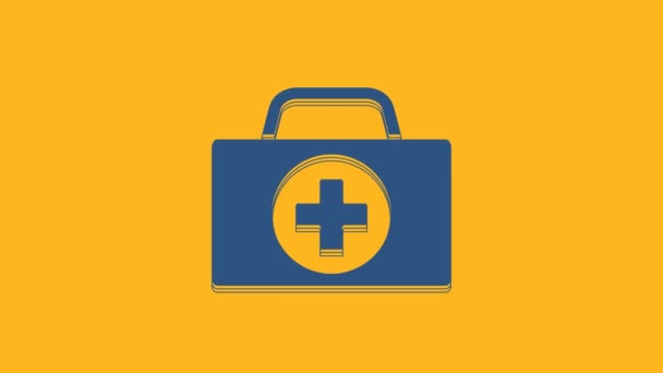 Ícone Kit Primeiros Socorros Azul Isolado Fundo Laranja Caixa Médica — Vídeo de Stock