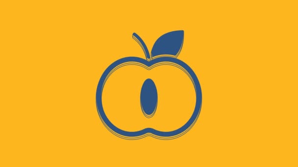 オレンジの背景に青いアップルのアイコンが孤立しています 葉のシンボルを持つ果物 4Kビデオモーショングラフィックアニメーション — ストック動画