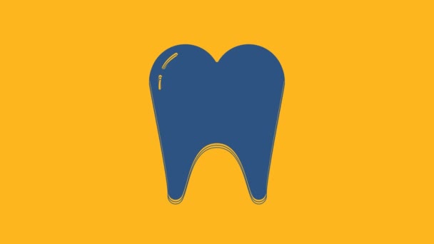 オレンジ色の背景に青い歯のアイコンが孤立しています 歯科クリニックや歯科医療センターや歯磨き粉パッケージの歯のシンボル 4Kビデオモーショングラフィックアニメーション — ストック動画