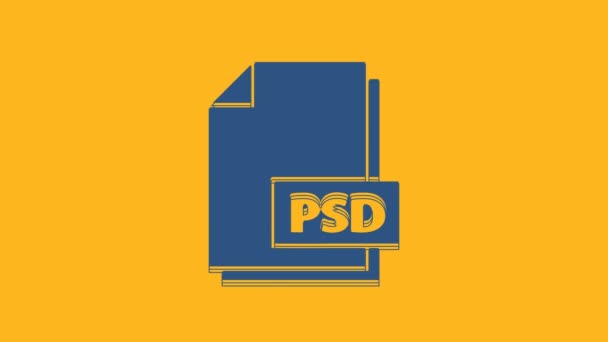 青色のPsdファイル文書 オレンジの背景にあるPsdボタンのアイコンをダウンロードします Psdファイルのシンボル 4Kビデオモーショングラフィックアニメーション — ストック動画