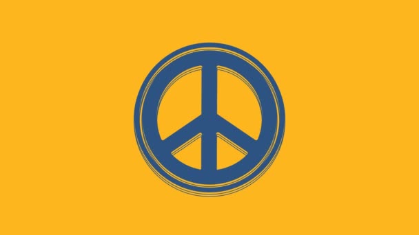 蓝色和平图标孤立在橙色背景 嬉皮是和平的象征4K视频运动图形动画 — 图库视频影像