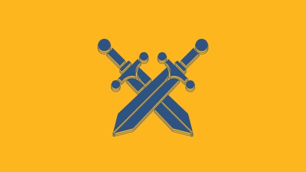 Ícone Espada Medieval Cruzado Azul Isolado Fundo Laranja Animação Gráfica — Vídeo de Stock
