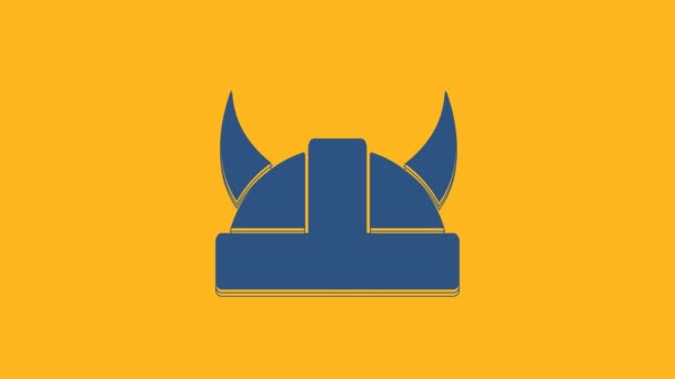 Blue Viking Horned Helmet Icon Isolated Orange Background Video Motion — Stockvideo
