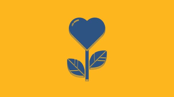 Forma Corazón Azul Icono Flor Aislado Sobre Fondo Naranja Animación — Vídeo de stock
