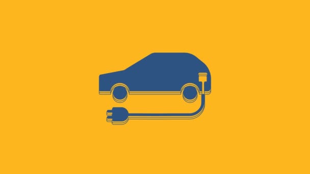 Niebieski Samochód Elektryczny Ikona Ładowania Kabla Elektrycznego Izolowana Pomarańczowym Tle — Wideo stockowe