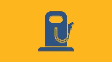 Blue Petrol or gas station icon isolated on orange background. Car fuel symbol. Gasoline pump. 4K Video motion graphic animation.