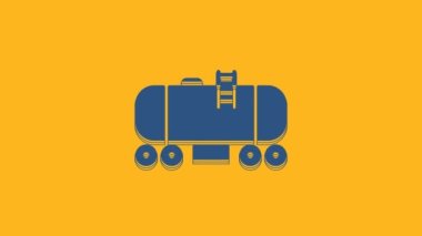Blue Oil railway cistern icon isolated on orange background. Train oil tank on railway car. Rail freight. Oil industry. 4K Video motion graphic animation.
