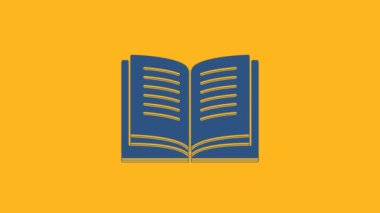 Mavi Açık kitap simgesi turuncu arkaplanda izole edildi. 4K Video hareketli grafik canlandırması.