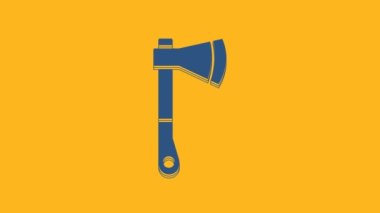 Blue Wooden axe icon isolated on orange background. Lumberjack axe. 4K Video motion graphic animation.