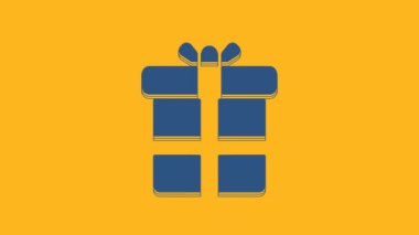 Blue Gift box icon isolated on orange background. 4K Video motion graphic animation.