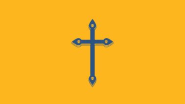 Blue Christian cross icon isolated on orange background. Church cross. 4K Video motion graphic animation.